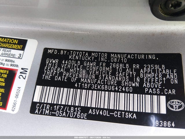 45867577 :رقم المزاد ، 4T1BF3EK6BU642460 vin ، 2011 Toyota Camry Se مزاد بيع