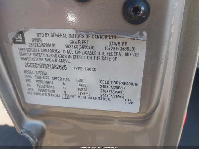 2002 Chevrolet Silverado 1500 Ls მანქანა იყიდება აუქციონზე, vin: 2GCEC19T821382625, აუქციონის ნომერი: 45867602