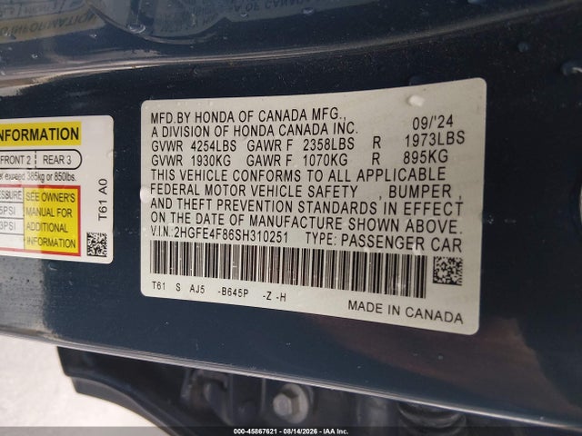 Продажа на аукционе авто 2025 Honda Civic Hybrid, vin: 2HGFE4F86SH310251, номер лота: 45867621