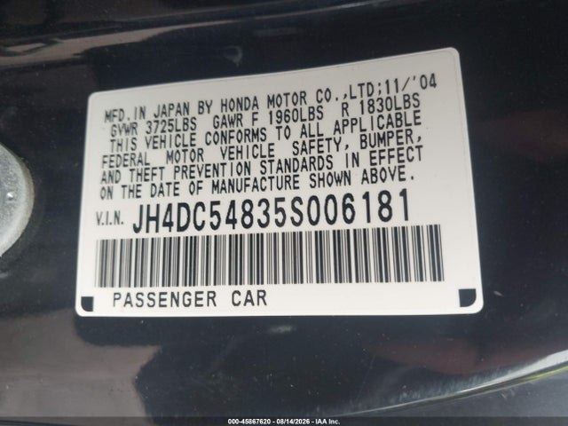45867620 :رقم المزاد ، JH4DC54835S006181 vin ، 2005 Acura Rsx مزاد بيع