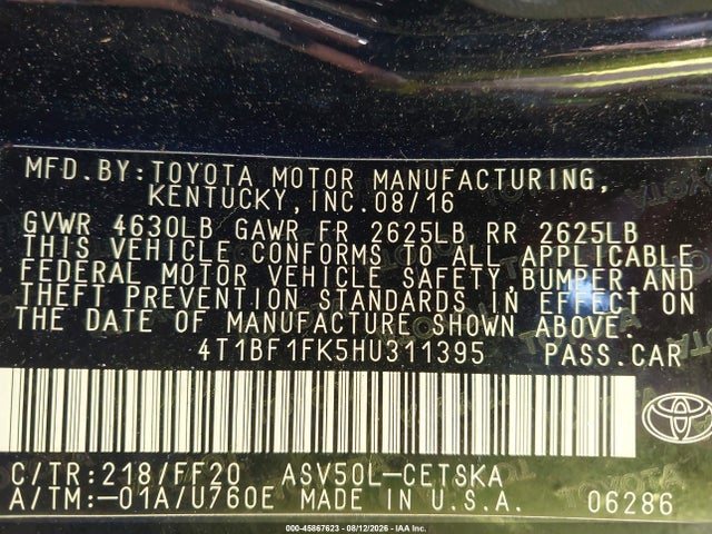 45867623 :رقم المزاد ، 4T1BF1FK5HU311395 vin ، 2017 Toyota Camry Se مزاد بيع