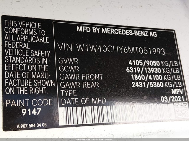 45867626 :رقم المزاد ، W1W40CHY6MT051993 vin ، 2021 Mercedes-benz Sprinter 2500 High Roof I4 مزاد بيع