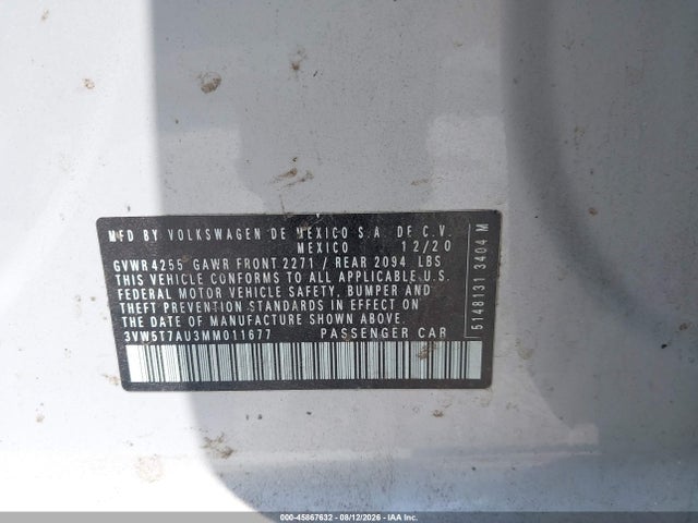 45867632 :رقم المزاد ، 3VW5T7AU3MM011677 vin ، 2021 Volkswagen Golf Gti 2.0t Autobahn/2.0t S/2.0t Se مزاد بيع