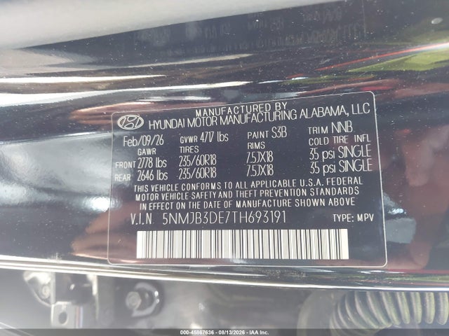 Aukcja sprzedaży 2026 Hyundai Tucson Sel, vin: 5NMJB3DE7TH693191, numer aukcji: 45867636