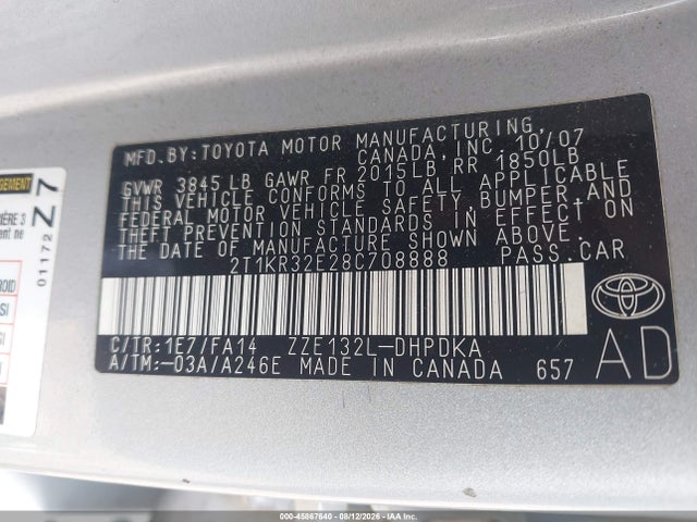 2008 Toyota Matrix Std მანქანა იყიდება აუქციონზე, vin: 2T1KR32E28C708888, აუქციონის ნომერი: 45867640
