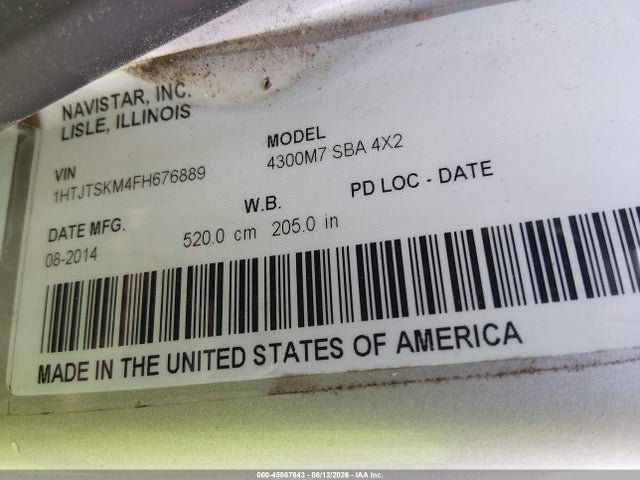 45867643 :رقم المزاد ، 1HTJTSKM4FH676889 vin ، 2015 International 4000 4300 مزاد بيع