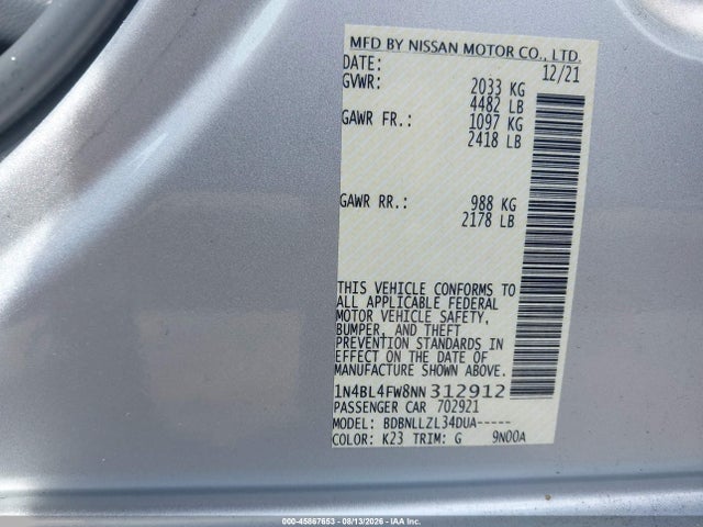 2022 Nissan Altima Platinum Intelligent Awd მანქანა იყიდება აუქციონზე, vin: 1N4BL4FW8NN312912, აუქციონის ნომერი: 45867653