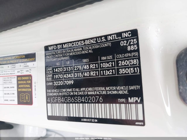 45867654 :رقم المزاد ، 4JGFB4GB6SB402076 vin ، 2025 Mercedes-benz Gle 450e 4matic مزاد بيع