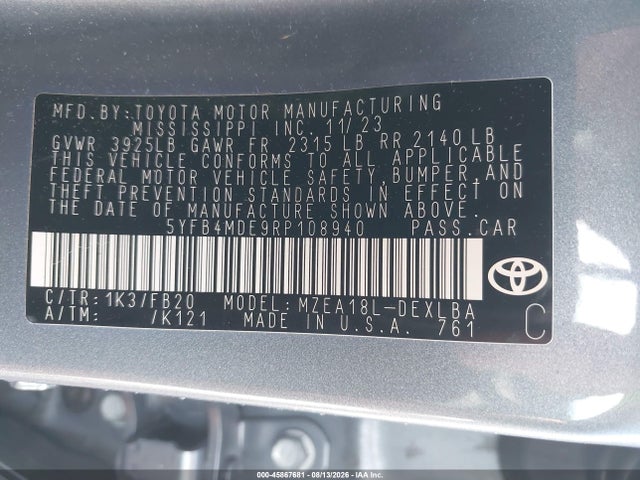 Aukcja sprzedaży 2024 Toyota Corolla Le, vin: 5YFB4MDE9RP108940, numer aukcji: 45867681