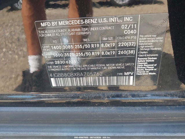 Aukcja sprzedaży 2011 Mercedes-benz Ml 350 4matic, vin: 4JGBB8GBXBA705762, numer aukcji: 45867685