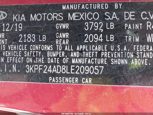 2020 Kia Forte Lxs მანქანა იყიდება აუქციონზე, vin: 3KPF24AD8LE209057, აუქციონის ნომერი: 45867706