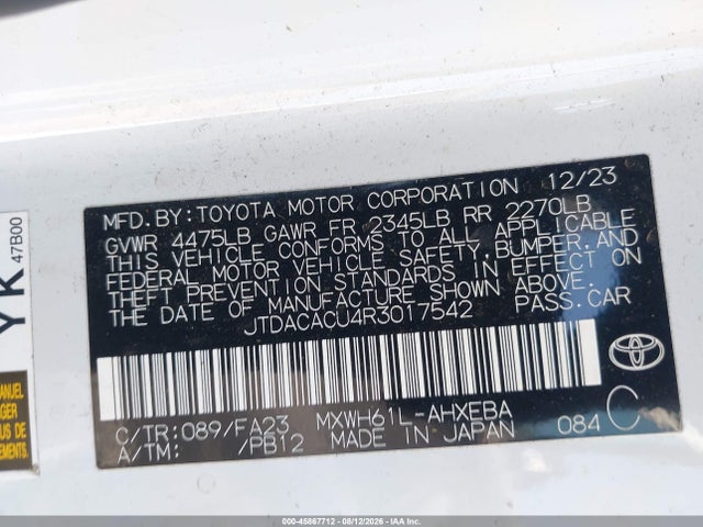 Продажа на аукционе авто 2024 Toyota Prius Prime Se, vin: JTDACACU4R3017542, номер лота: 45867712
