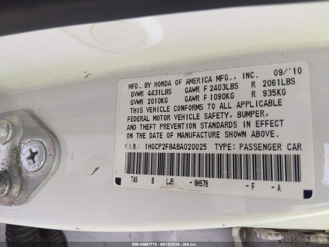 Aukcja sprzedaży 2011 Honda Accord 2.4 Ex-l, vin: 1HGCP2F84BA020025, numer aukcji: 45867715
