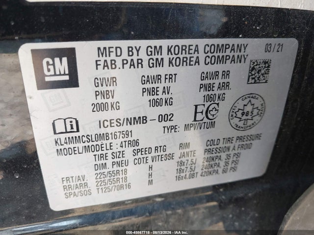 45867718 :رقم المزاد ، KL4MMCSL0MB167591 vin ، 2021 Buick Encore Gx Awd Preferred مزاد بيع