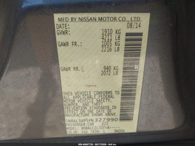 45867720 :رقم المزاد ، 1N4AL3AP5FN327990 vin ، 2015 Nissan Altima 2.5/2.5 S/2.5 Sl/2.5 Sv مزاد بيع