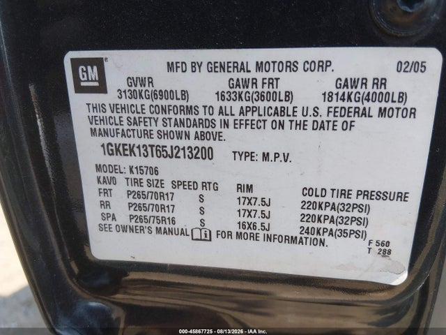Aukcja sprzedaży 2005 Gmc Yukon Slt, vin: 1GKEK13T65J213200, numer aukcji: 45867725