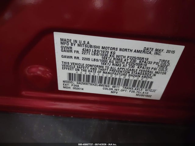 Aukcja sprzedaży 2015 Mitsubishi Outlander Sport Se, vin: 4A4AR4AU0FE037802, numer aukcji: 45867727