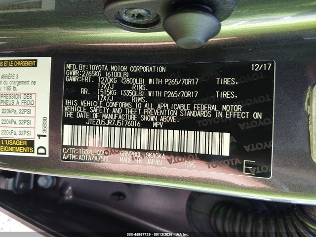 45867729 :رقم المزاد ، JTEZU5JR7J5176016 vin ، 2018 Toyota 4runner Sr5 Premium مزاد بيع