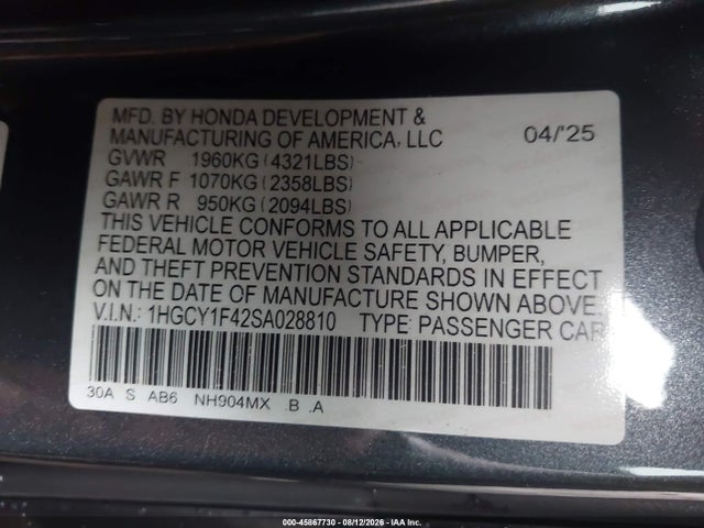 Продаж на аукціоні авто 2025 Honda Accord Se, vin: 1HGCY1F42SA028810, номер лоту: 45867730