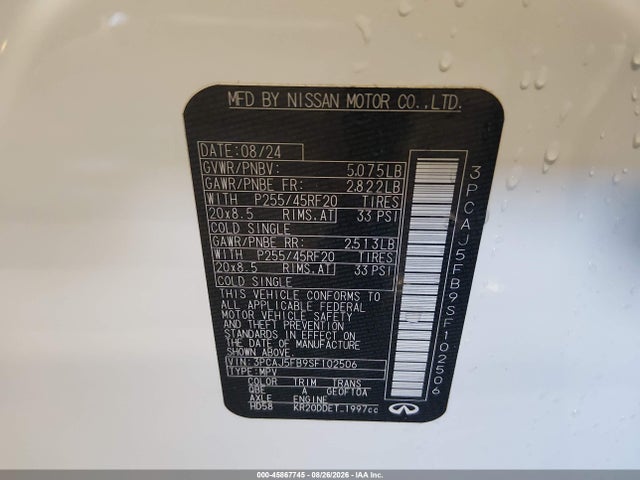 45867745 :رقم المزاد ، 3PCAJ5FB9SF102506 vin ، 2025 Infiniti Qx50 Sport Awd مزاد بيع