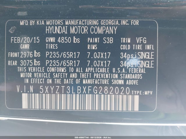 2015 Hyundai Santa Fe Sport 2.4l მანქანა იყიდება აუქციონზე, vin: 5XYZT3LBXFG282020, აუქციონის ნომერი: 45867744