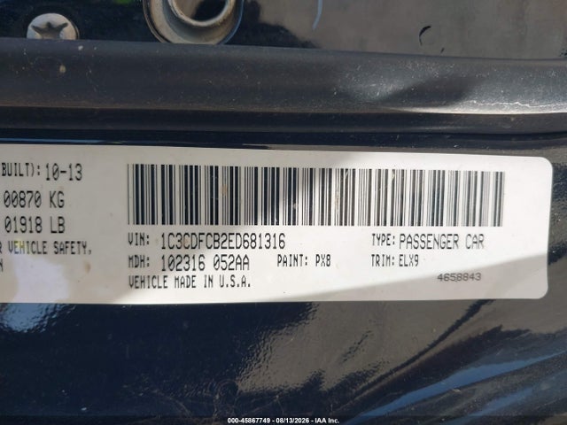 Aukcja sprzedaży 2014 Dodge Dart Limited, vin: 1C3CDFCB2ED681316, numer aukcji: 45867749