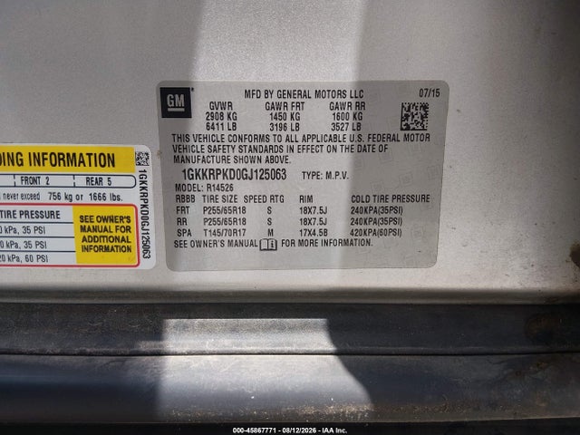 45867771 :رقم المزاد ، 1GKKRPKD0GJ125063 vin ، 2016 Gmc Acadia Sle-2 مزاد بيع