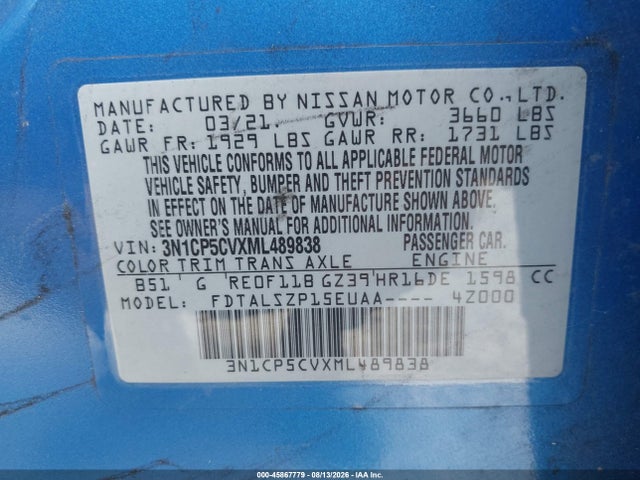 Auction sale of the 2021 Nissan Kicks Sv Xtronic Cvt, vin: 3N1CP5CVXML489838, lot number: 45867779