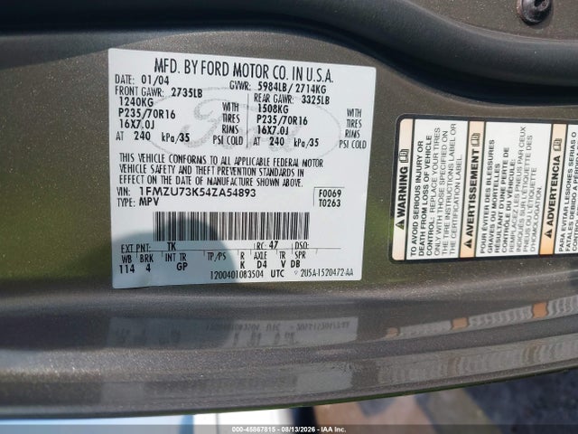 45867815 :رقم المزاد ، 1FMZU73K54ZA54893 vin ، 2004 Ford Explorer Nbx/xlt مزاد بيع