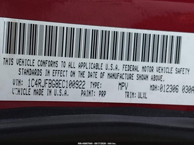 Aukcja sprzedaży 2014 Jeep Grand Cherokee Limited, vin: 1C4RJFBG8EC100922, numer aukcji: 45867840