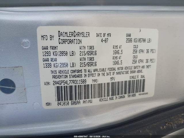 45867847 :رقم المزاد ، 2A4GP54L77R311589 vin ، 2007 Chrysler Town & Country Touring مزاد بيع