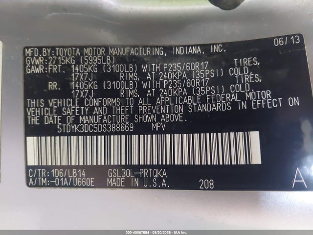 Продаж на аукціоні авто 2013 Toyota Sienna Xle V6 8 Passenger, vin: 5TDYK3DC5DS388669, номер лоту: 45867854