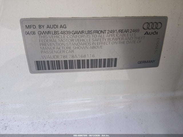 Aukcja sprzedaży 2008 Audi A4 2.0t/2.0t Special Edition, vin: WAUDF78E78A168116, numer aukcji: 45867855