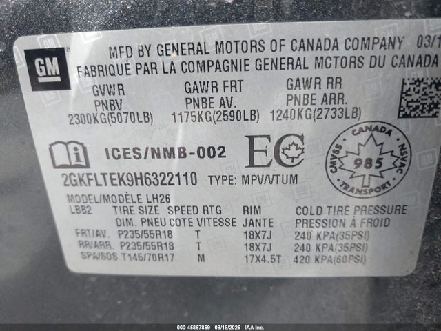 Auction sale of the 2017 Gmc Terrain Sle-2, vin: 2GKFLTEK9H6322110, lot number: 45867859