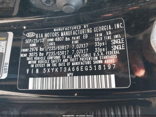 5XYKT3A66EG518197 KIA SORENTO LX