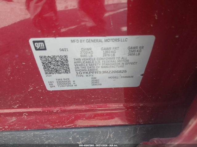 45867865 :رقم المزاد ، 1GYKPFRS3MZ206825 vin ، 2021 Cadillac Xt6 Awd Premium Luxury مزاد بيع