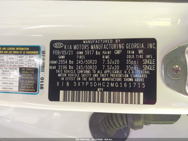 Aukcja sprzedaży 2021 Kia Telluride Sx, vin: 5XYP5DHC2MG161715, numer aukcji: 45867866