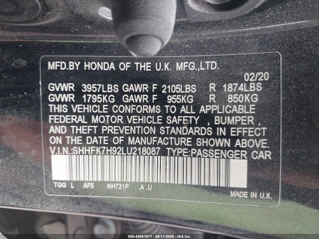 Продаж на аукціоні авто 2020 Honda Civic Sport Touring, vin: SHHFK7H92LU218087, номер лоту: 45867871