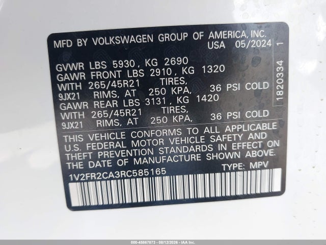 Продаж на аукціоні авто 2024 Volkswagen Atlas 2.0t Sel Premium R-line, vin: 1V2FR2CA3RC585165, номер лоту: 45867873