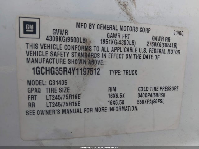 Продажа на аукционе авто 2000 Chevrolet Express, vin: 1GCHG35R4Y1197512, номер лота: 45867877