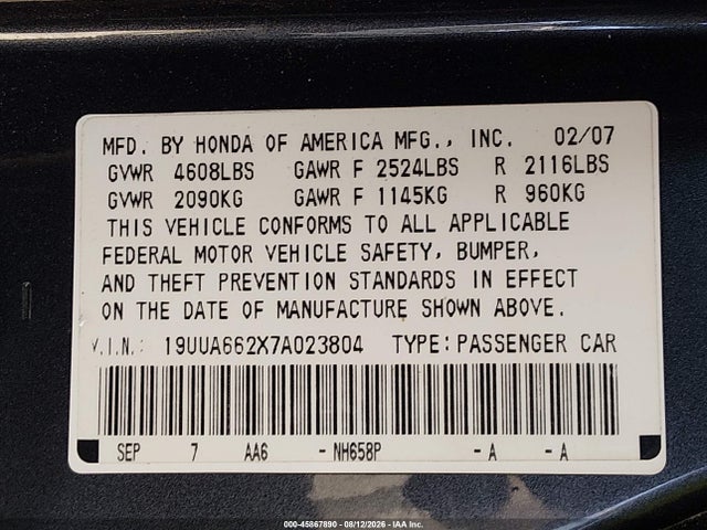 Aukcja sprzedaży 2007 Acura Tl 3.2, vin: 19UUA662X7A023804, numer aukcji: 45867890
