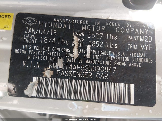 2016 Hyundai Accent Se მანქანა იყიდება აუქციონზე, vin: KMHCT4AE5GU090847, აუქციონის ნომერი: 45867895