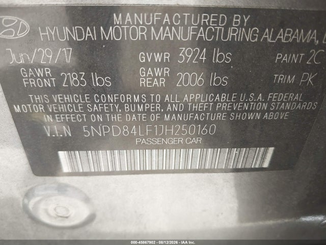 2018 Hyundai Elantra Sel მანქანა იყიდება აუქციონზე, vin: 5NPD84LF1JH250160, აუქციონის ნომერი: 45867902