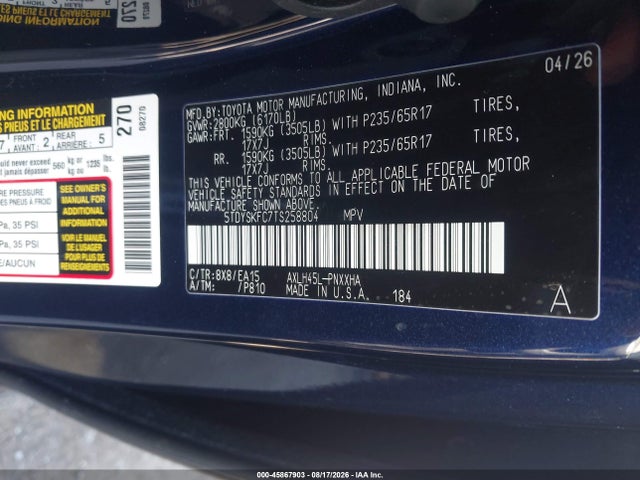 2026 Toyota Sienna Xle მანქანა იყიდება აუქციონზე, vin: 5TDYSKFC7TS258804, აუქციონის ნომერი: 45867903