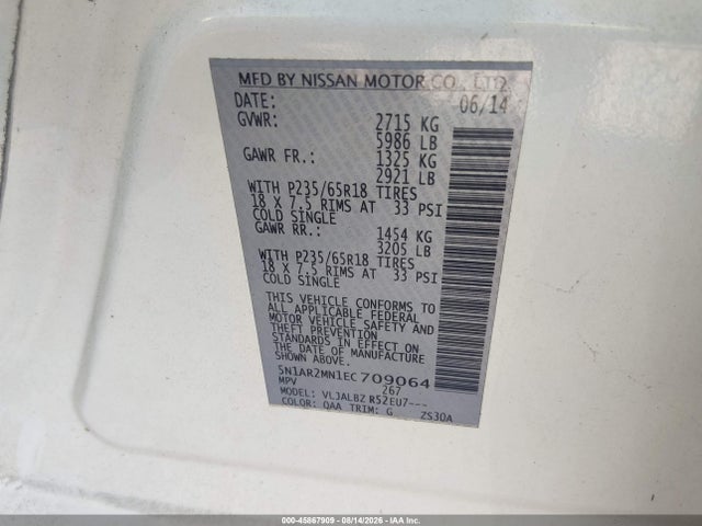 45867909 :رقم المزاد ، 5N1AR2MN1EC709064 vin ، 2014 Nissan Pathfinder Platinum/s/sl/sv مزاد بيع