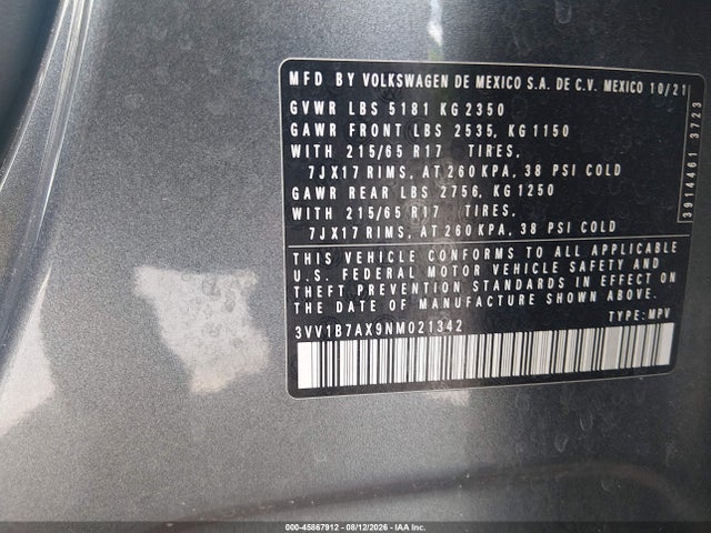 Aukcja sprzedaży 2022 Volkswagen Tiguan 2.0t S, vin: 3VV1B7AX9NM021342, numer aukcji: 45867912