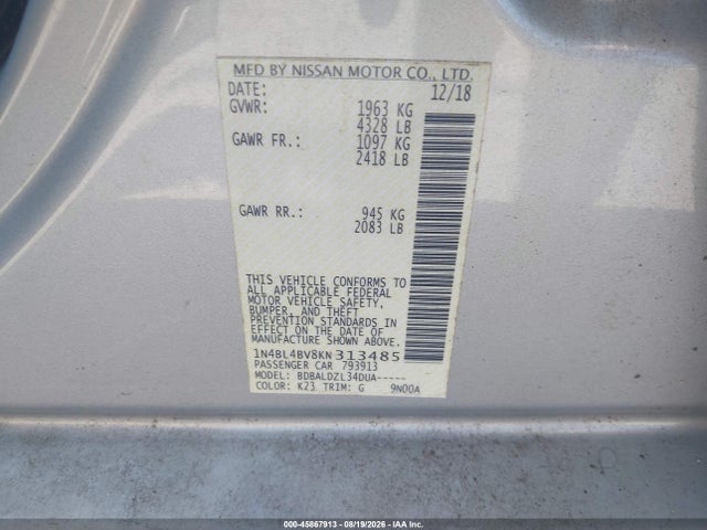 Aukcja sprzedaży 2019 Nissan Altima 2.5 S, vin: 1N4BL4BV8KN313485, numer aukcji: 45867913