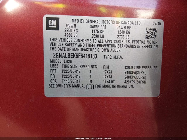 45867915 :رقم المزاد ، 2GNALBEK6F6418183 vin ، 2015 Chevrolet Equinox Lt مزاد بيع