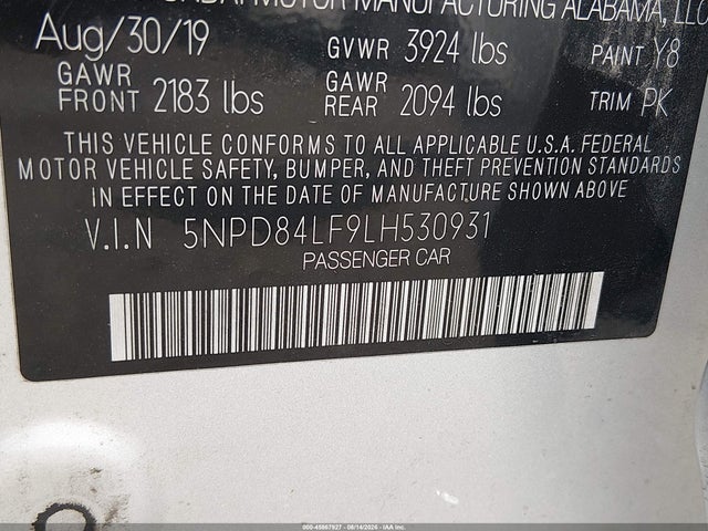 Aukcja sprzedaży 2020 Hyundai Elantra Sel, vin: 5NPD84LF9LH530931, numer aukcji: 45867927