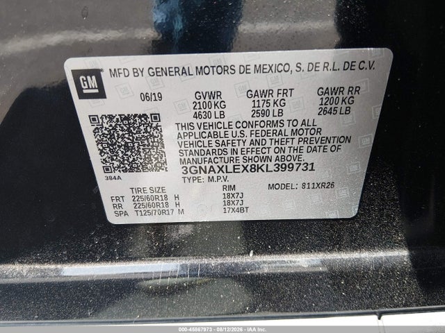 Aukcja sprzedaży 2019 Chevrolet Equinox Lt, vin: 3GNAXLEX8KL399731, numer aukcji: 45867973